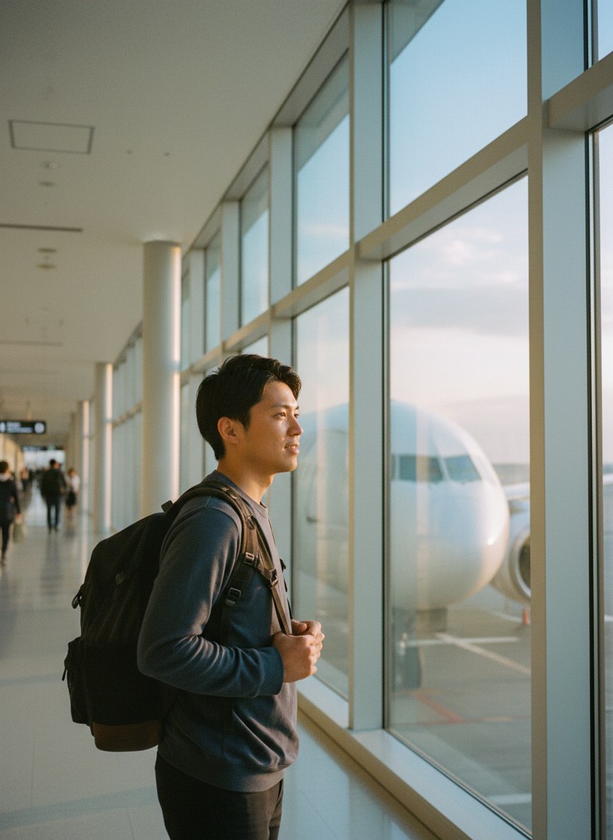 早朝の空港。バックパックを背負った男性が、窓の外に駐機した飛行機を見ている