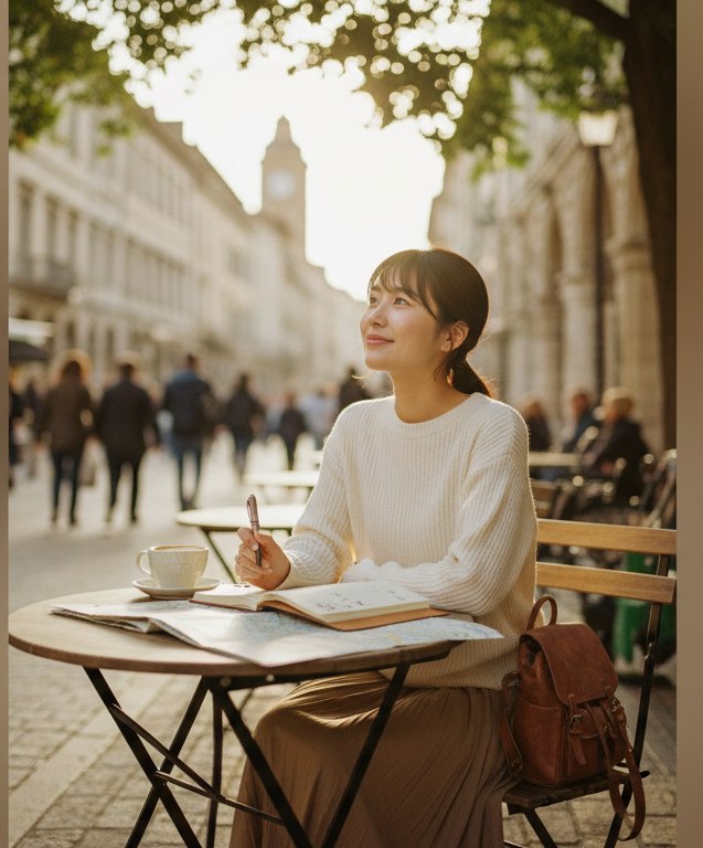 異国のカフェで、地図とノートを広げて次の一歩を考えている女性